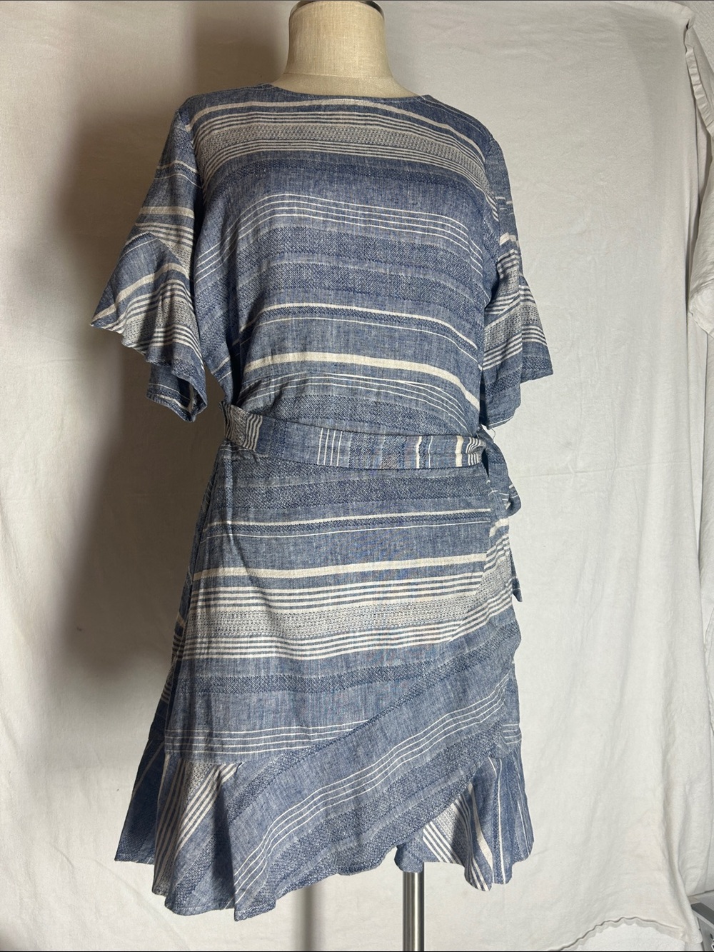 Express Blue and White Striped Short Sleeve Wrap Dress